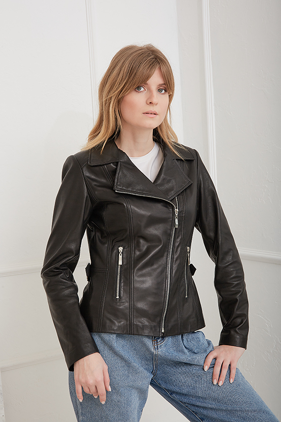 Leather jacket with zipper for women